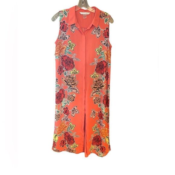 Peter Nygard Sz 10 Orange Hawaiian Floral Trim Maxi Side Slit Tunic Dress - Picture 1 of 10